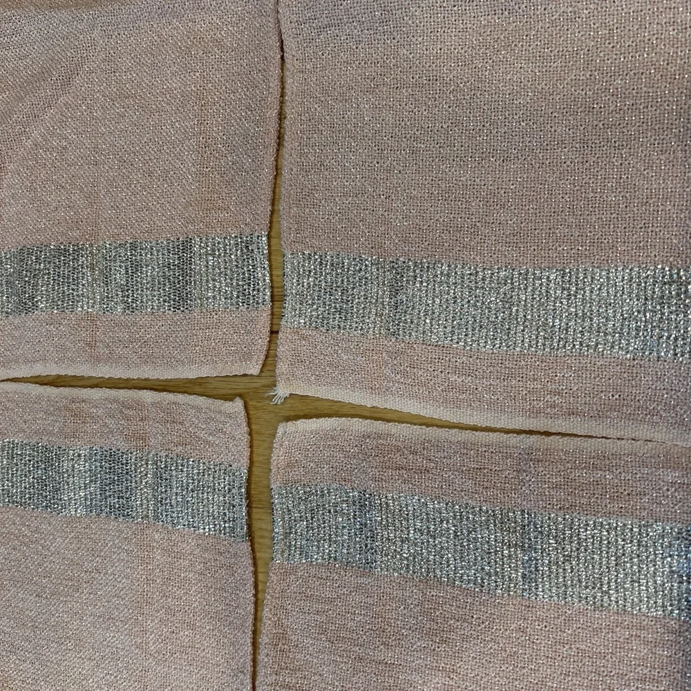 Vintage MCM Pink Woven Tablecloth 11 Napkins Set Metallic Silver Stripe 93x64
